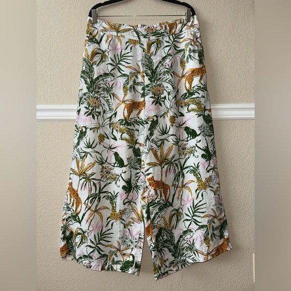 100% Linen Tropical Jungle Wide Leg Pull On Elastic Waist Cropped White Pants XL - Picture 12 of 12